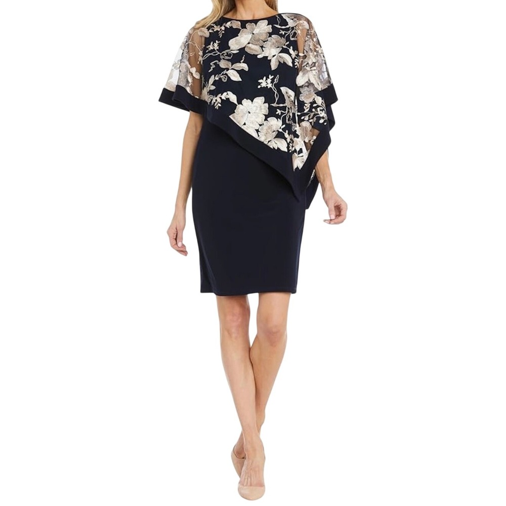 NWD R&M Richards Navy/Champagne Floral Embroidered Cape Sheath Dress Size 8 MOTB